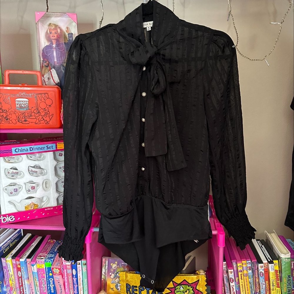 MOON RIVER BLACK TIE-NECK LONG SLEEVE BODYSUIT